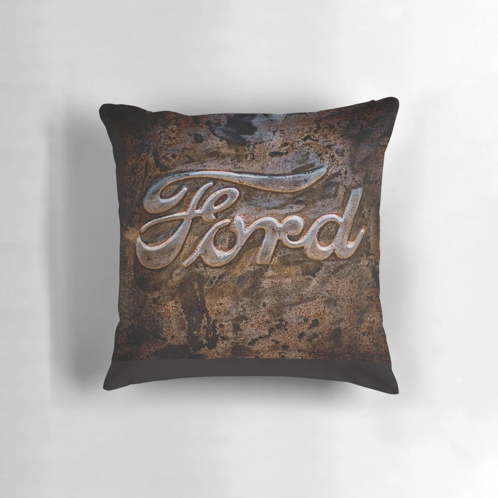 Rustic, vintage-inspired Ford tailgate pillow for car enthusiasts and automotive decor