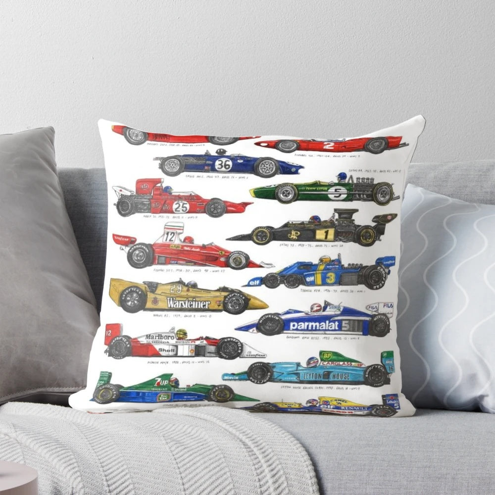 Vintage Formula 1 Cars Pillow with Lewis Hamilton, Lando Norris, and Max Verstappen Designs