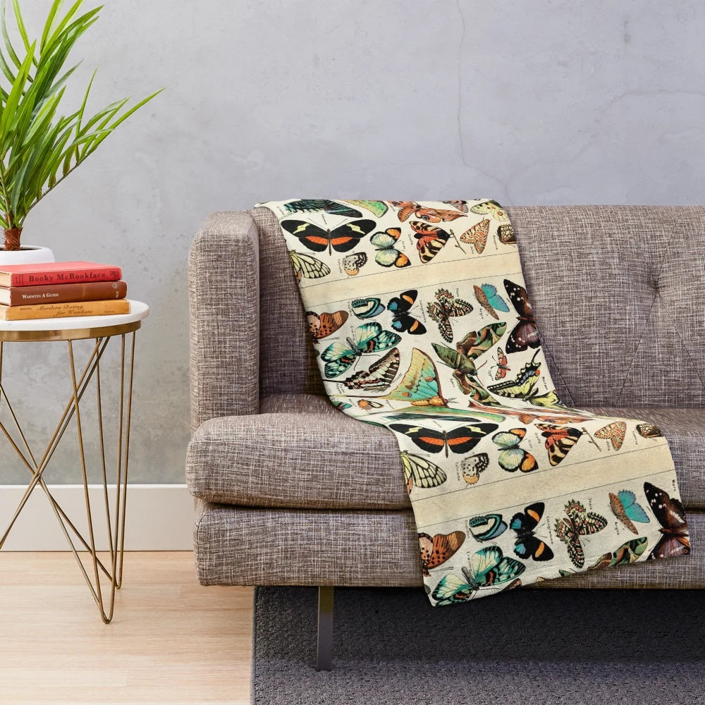 Vintage French butterfly charts plush blanket featuring scientific illustrations of butterflies