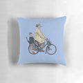 Vintage-style throw pillow featuring the character Monsieur Hulot from the classic French film 'Mon Oncle' directed by Jacques Tati.