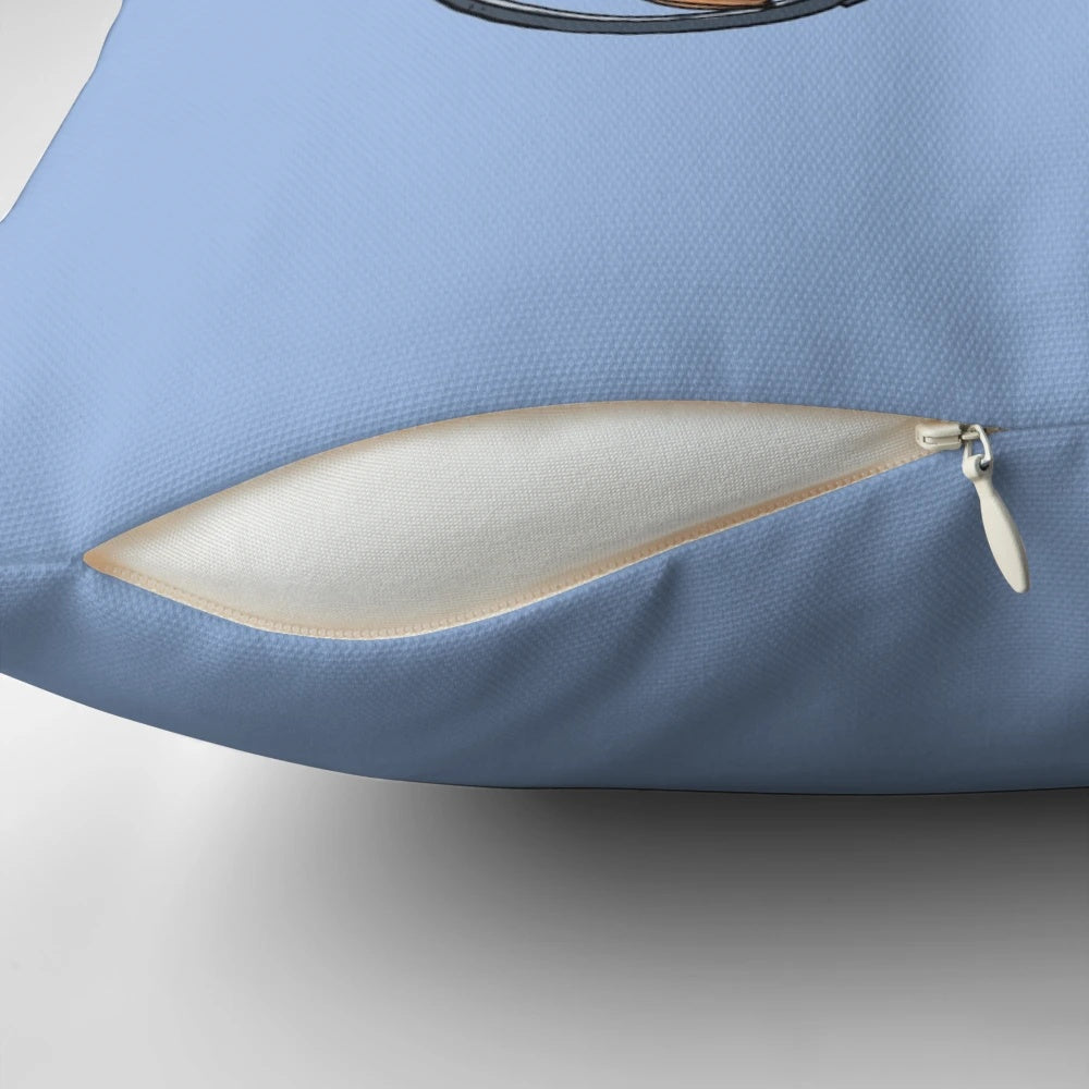Vintage-style throw pillow featuring the character Monsieur Hulot from the classic French film 'Mon Oncle' directed by Jacques Tati.