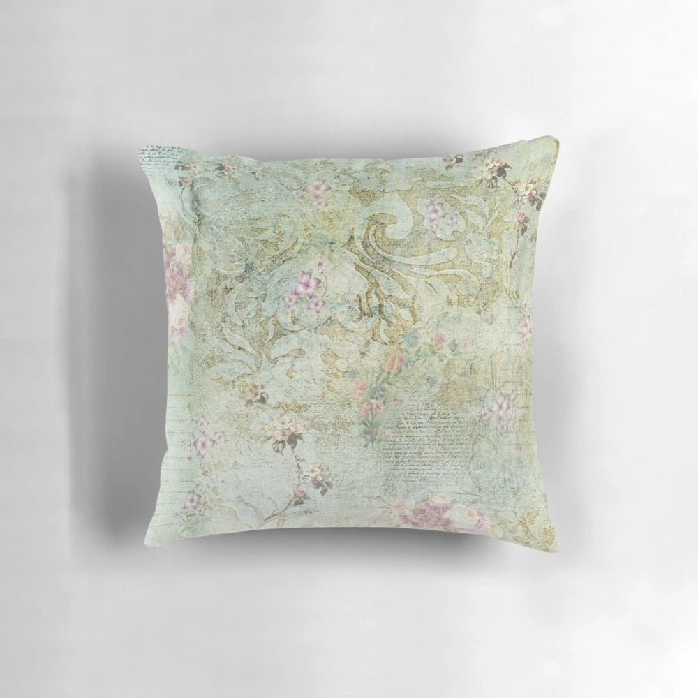 Vintage French Floral Wallpaper Decorative Pillow featuring a pink and green floral design