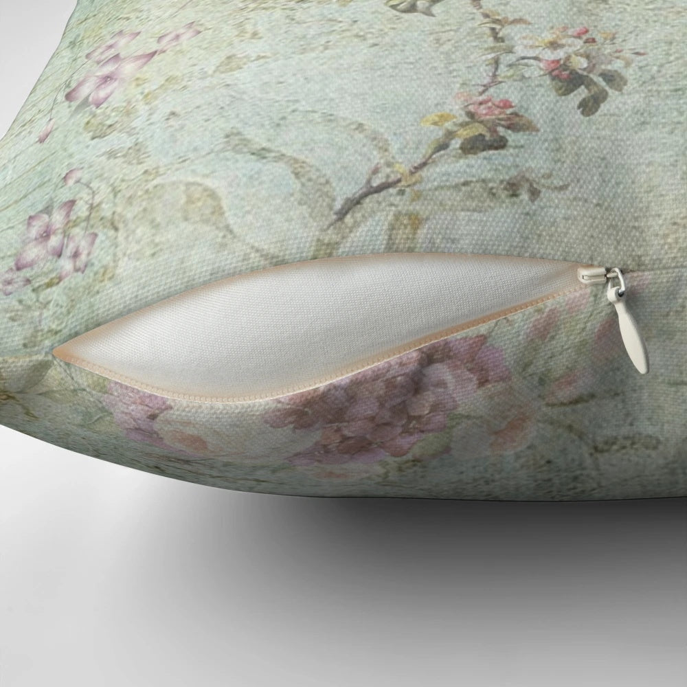 Vintage French Floral Wallpaper Decorative Pillow featuring a pink and green floral design
