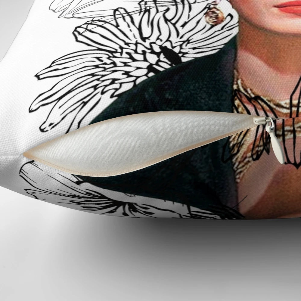 Monochrome Frida Kahlo portrait with beautiful black and white flowers decorative pillow