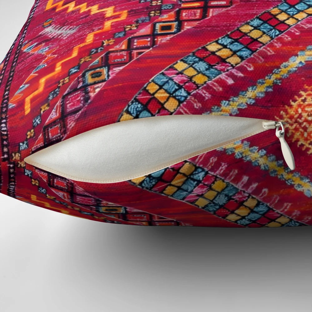 Vintage geometric art fusion throw pillow with pink and bohemian-inspired design
