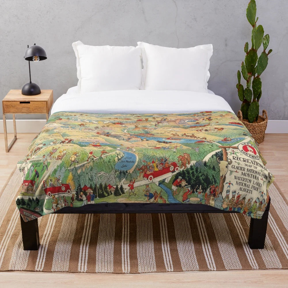 Vintage 1925 Glacier National Park map plush blanket for home decor