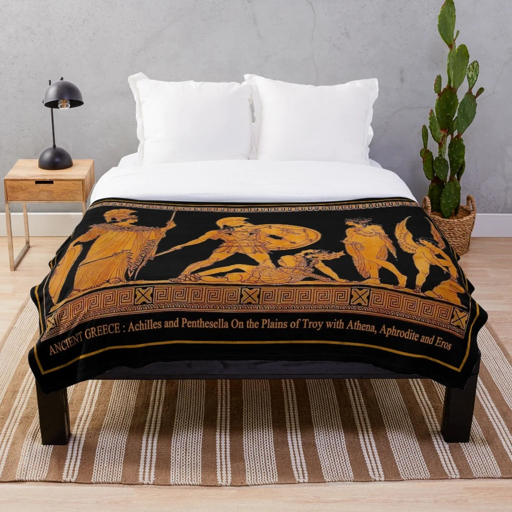 Vintage-style plush blanket featuring an ancient Greek goddess and god frieze design