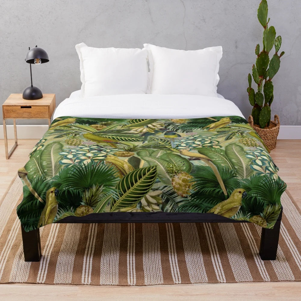 Vintage green tropical bird jungle botanical plush blanket