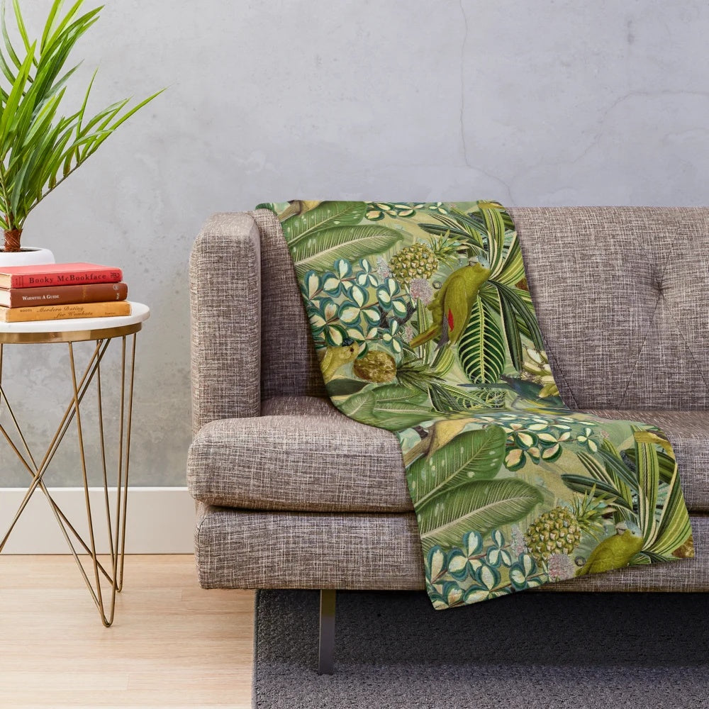 Vintage green tropical bird jungle botanical plush blanket