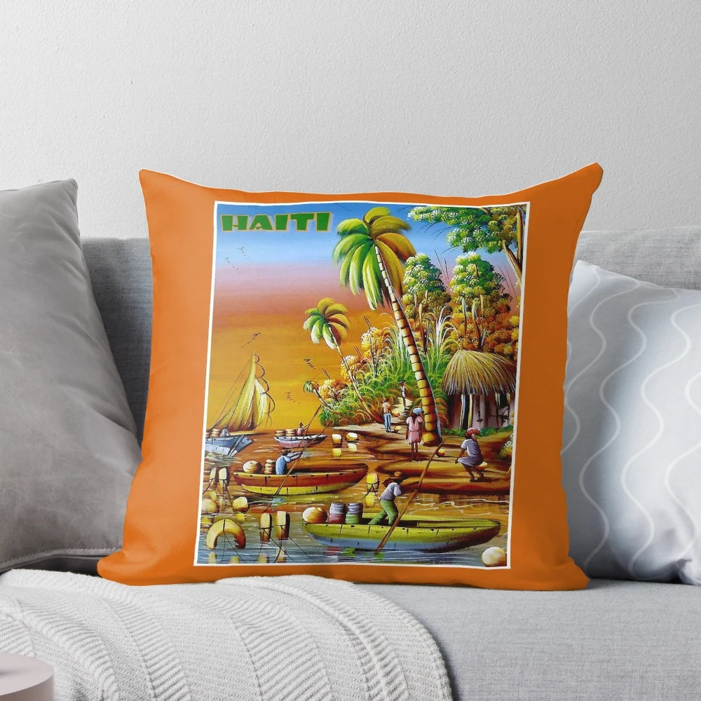 Vintage advertising pillow featuring iconic Haitian work boats, palm trees, and birds against a tropical backdrop.