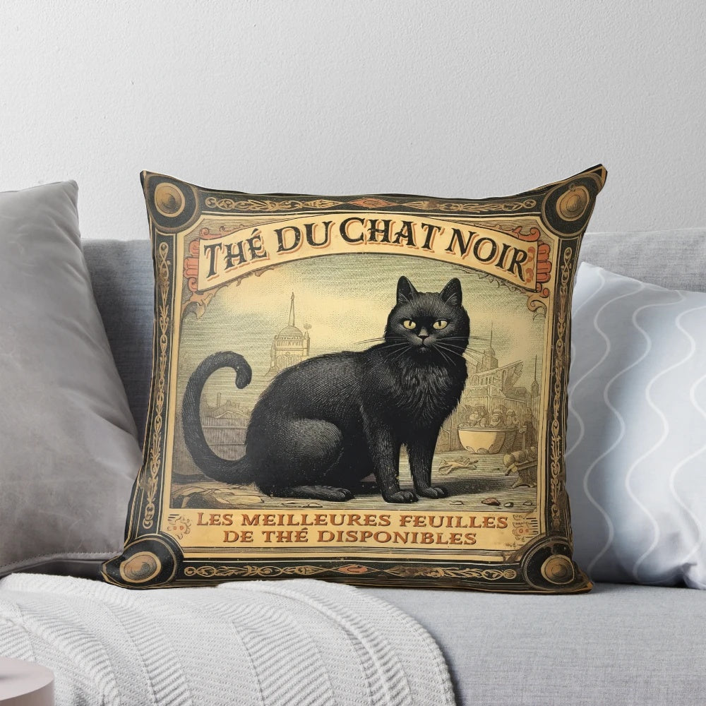 Vintage black cat tea advertisement illustration on a decorative pillow for Halloween and autumn home décor.
