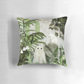 A vintage-style pillow featuring a ghostly figure in an abandoned greenhouse, surrounded by lush plants and flowers.