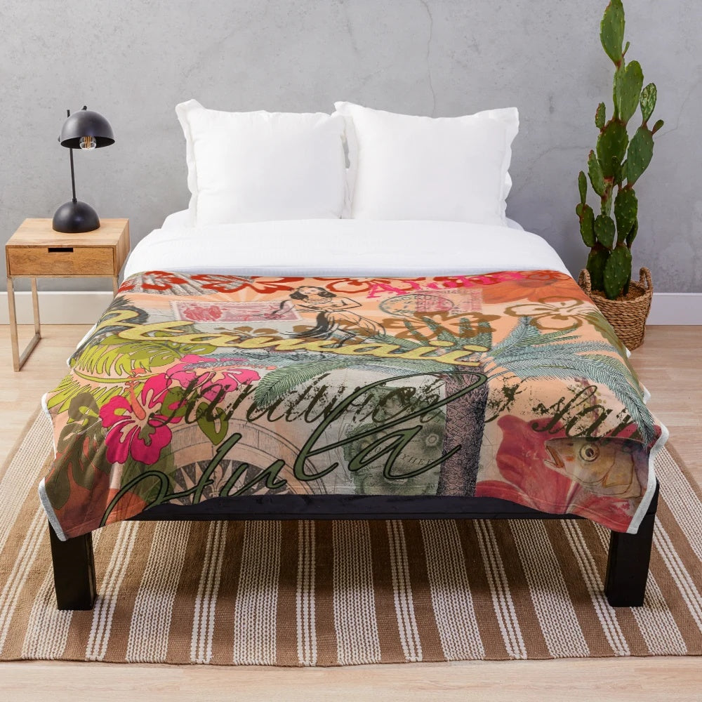 Vintage Hawaii Tropical Collage Plush Blanket with Hawaiian Flowers, Palm Trees, and Tropical Motifs