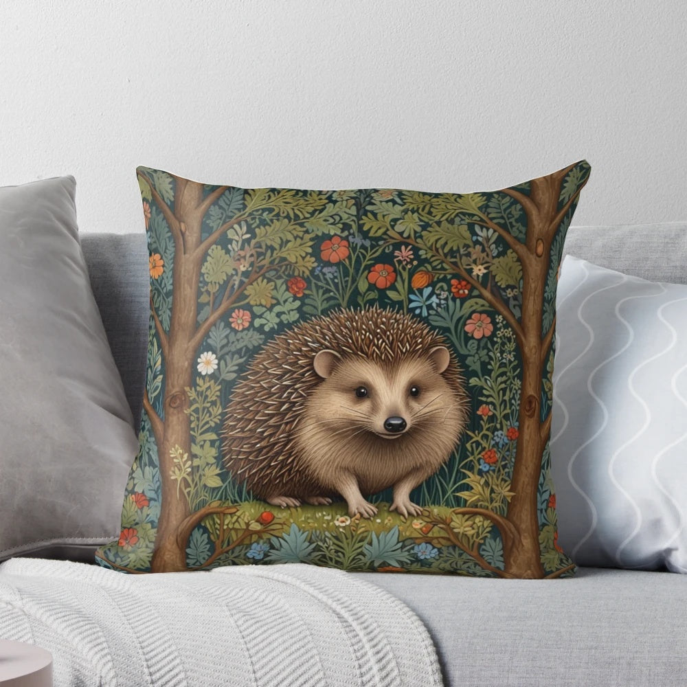 Vintage-inspired throw pillow with a hedgehog design surrounded by a lush woodland forest and floral fauna