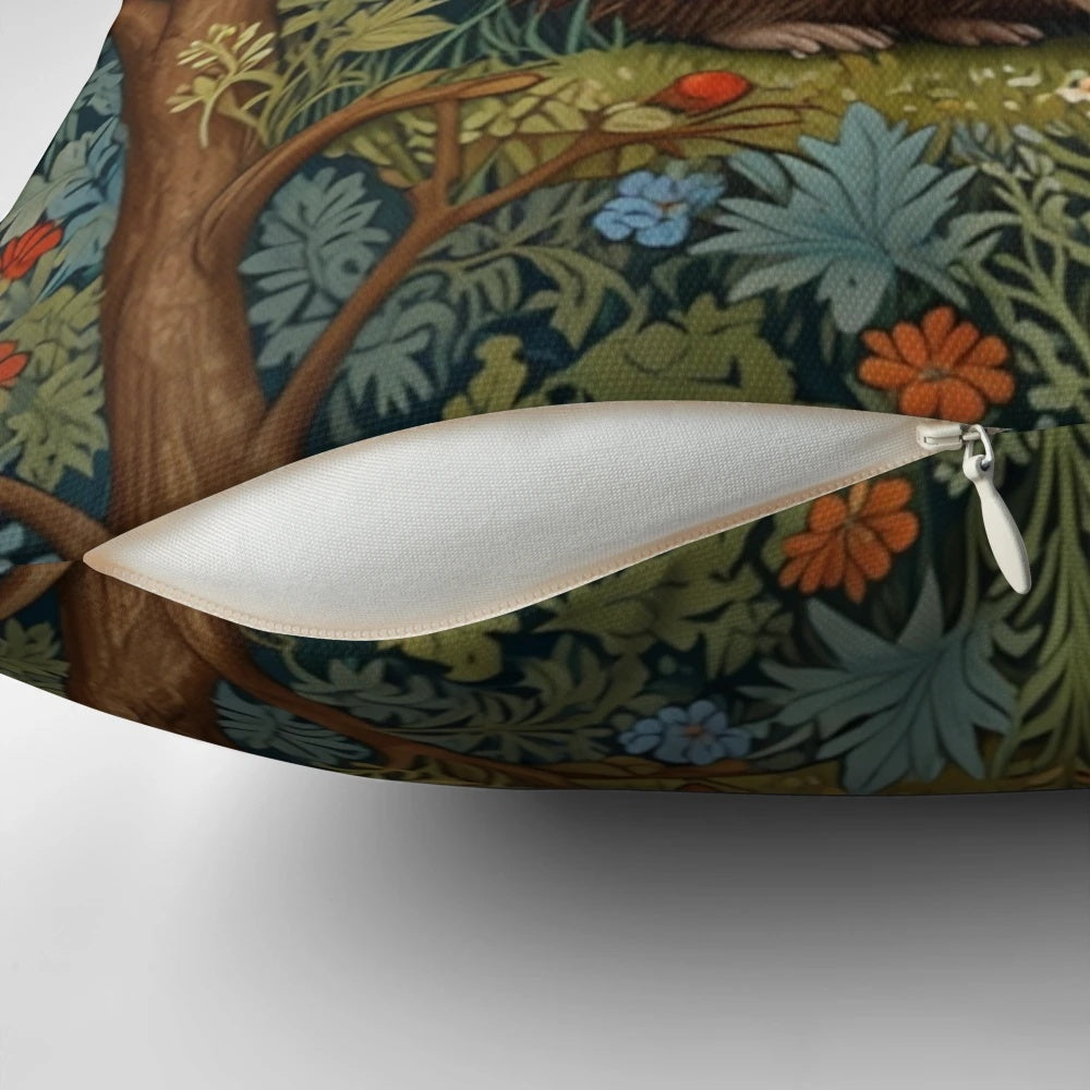 Vintage-inspired throw pillow with a hedgehog design surrounded by a lush woodland forest and floral fauna