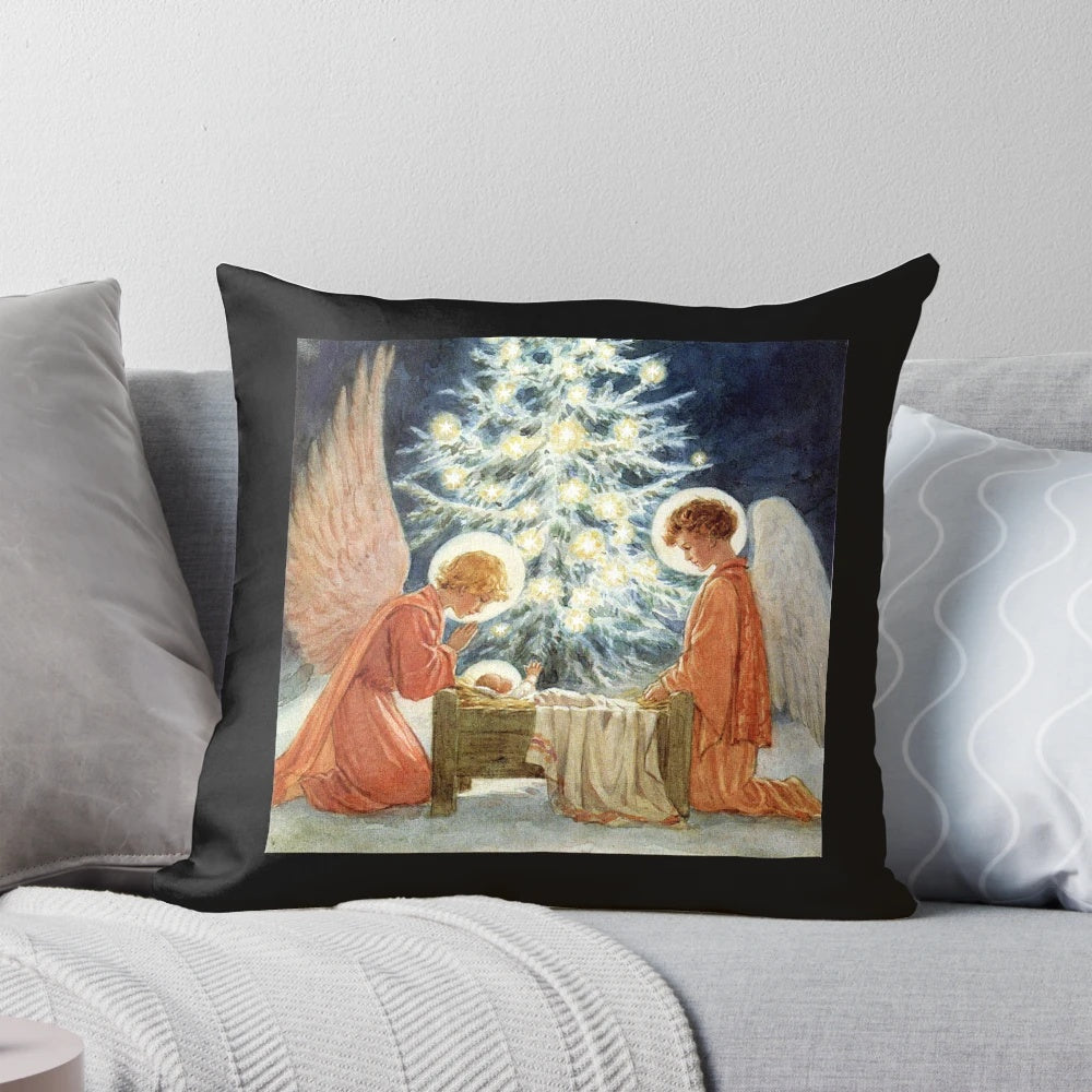 Vintage-inspired Christmas manger pillow featuring the artwork of Margaret Tarrant
