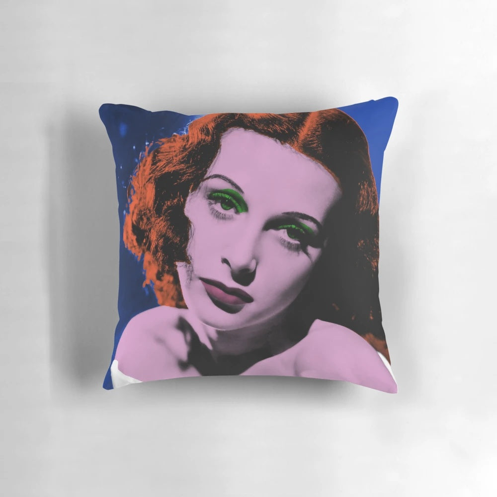 Decorative throw pillow featuring a portrait of the classic Hollywood actress and inventor Hedy Lamarr.