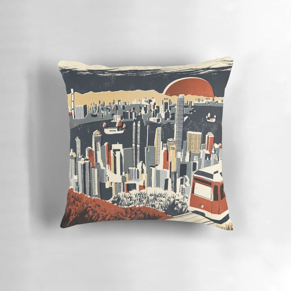 Vintage-inspired Hong Kong cityscape pillow with retro 60s 50s Kowloon tram design