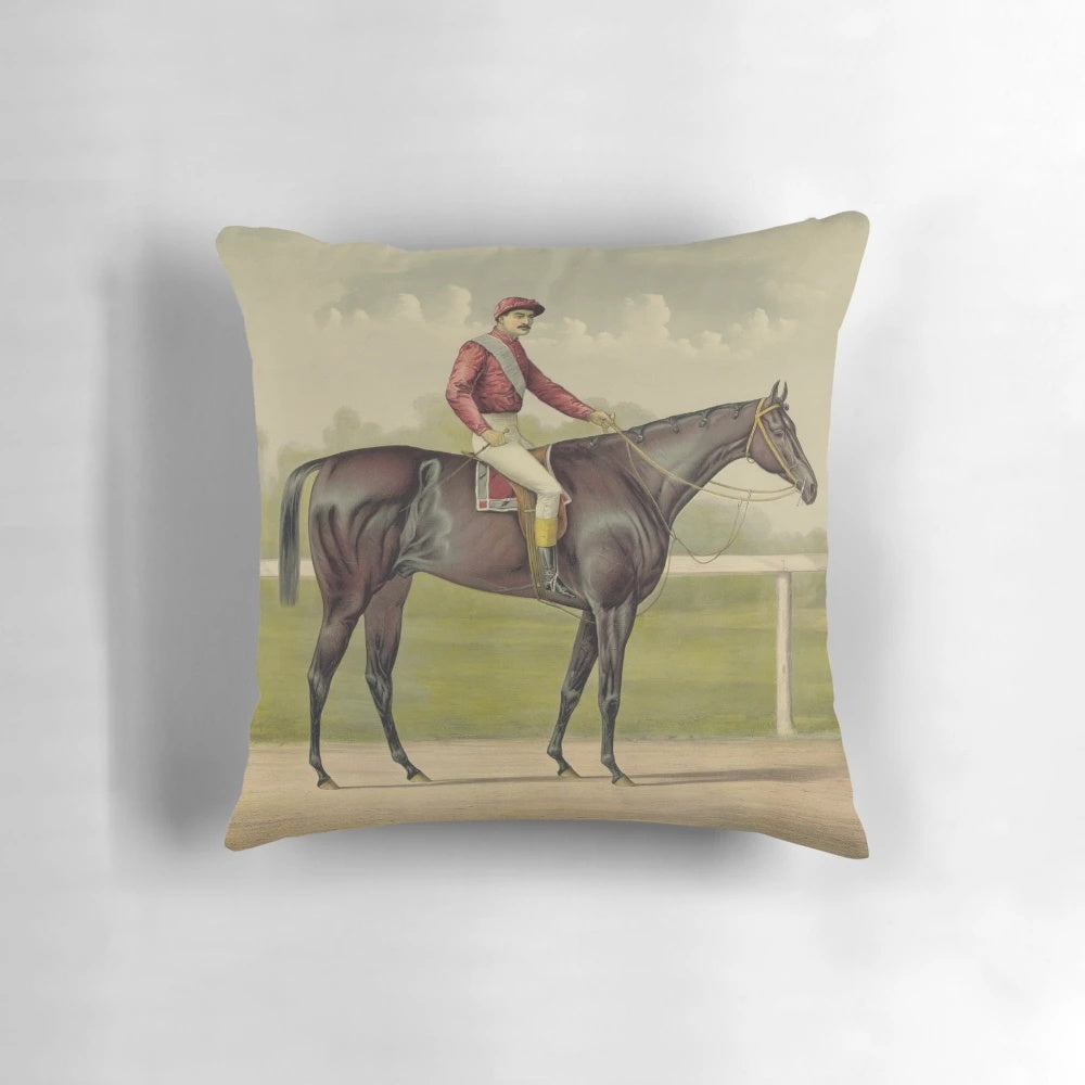 Vintage horse racing pillow with illustration of horse and jockey