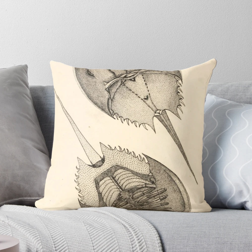 Vintage-inspired decorative pillow featuring a detailed horseshoe crab design, perfect for marine biology enthusiasts and beach house decor.