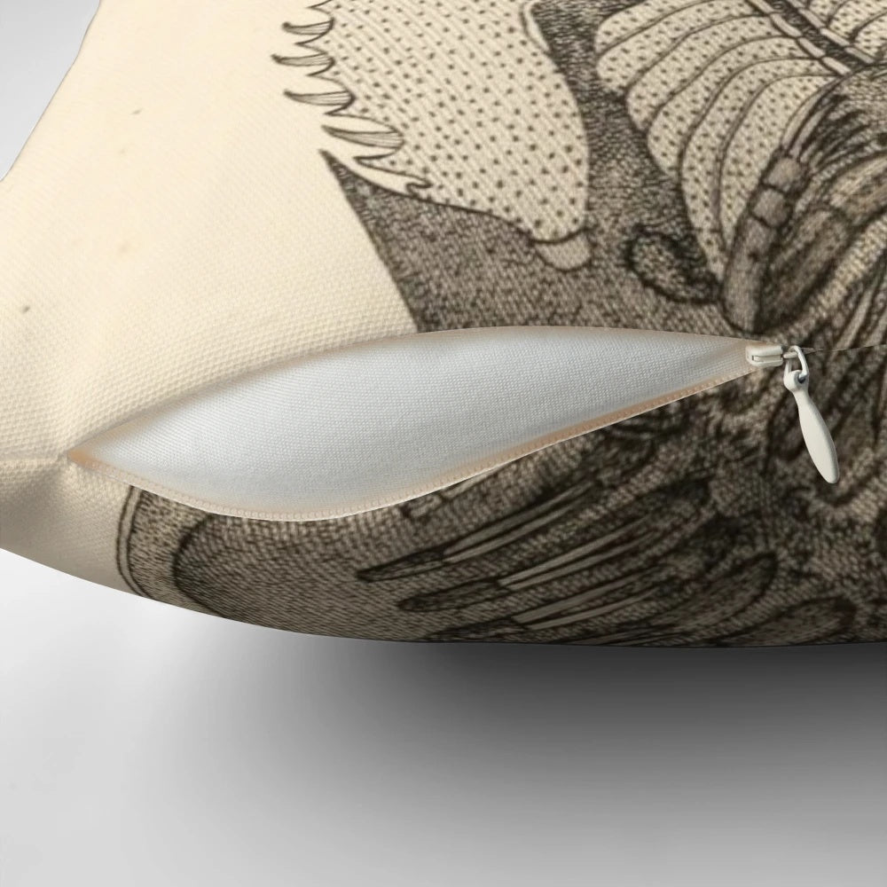 Vintage-inspired decorative pillow featuring a detailed horseshoe crab design, perfect for marine biology enthusiasts and beach house decor.