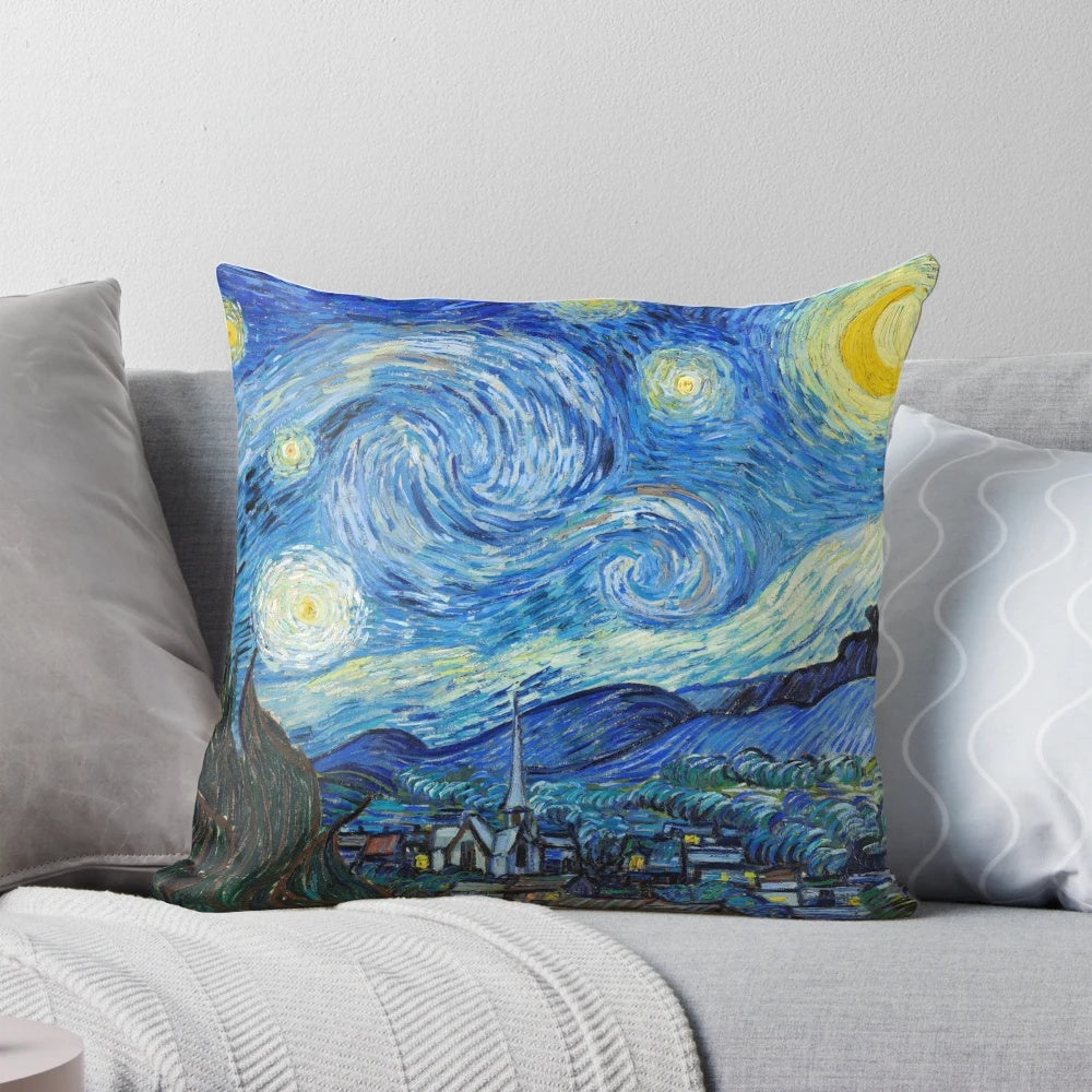Decorative throw pillow featuring the iconic 'The Starry Night' painting by renowned Dutch impressionist artist Vincent van Gogh.