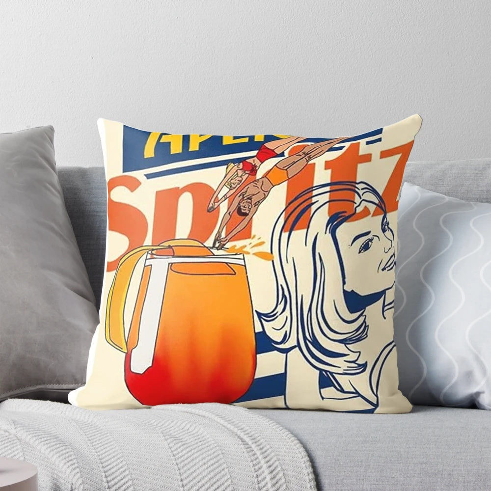 Vintage-inspired decorative throw pillow featuring an illustration of an Aperol Spritz cocktail.