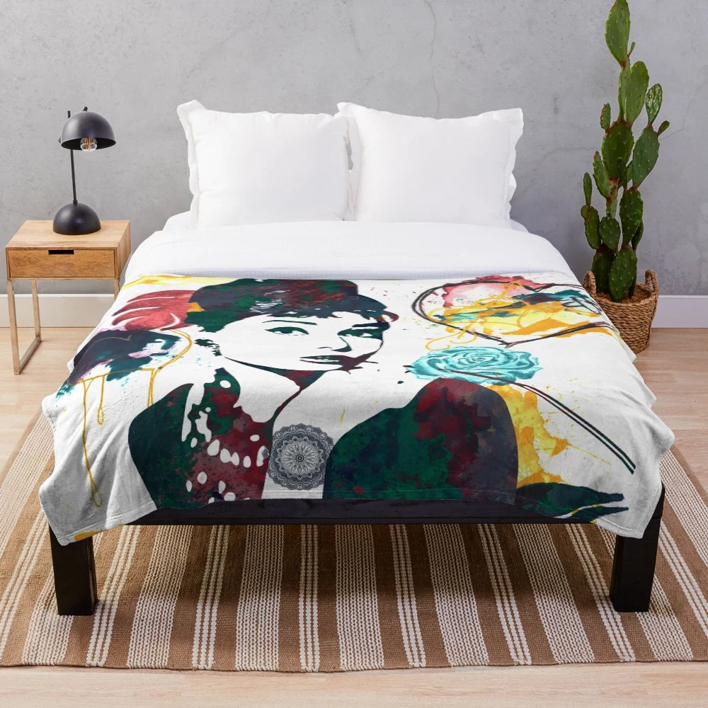 Vintage-inspired plush blanket featuring the iconic actress Audrey Hepburn