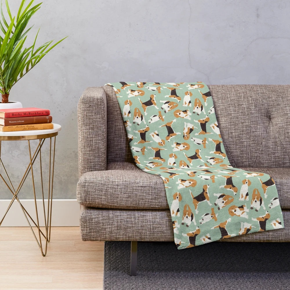 Cozy beagle-patterned plush blanket in mint color