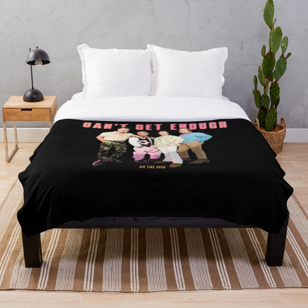 Vintage-inspired Big Time Rush plush blanket with retro 90s band graphics