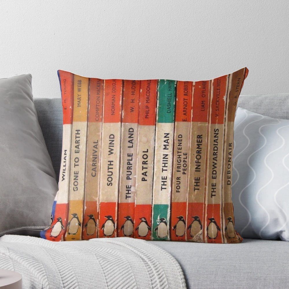 Vintage-style book spine pillow with Penguin books design