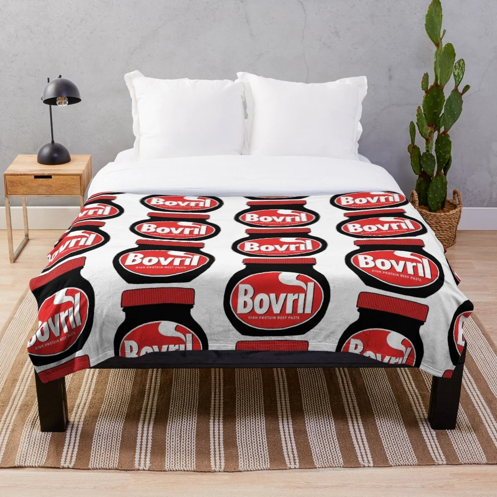 Cozy Bovril-themed plush blanket with vintage food illustration design