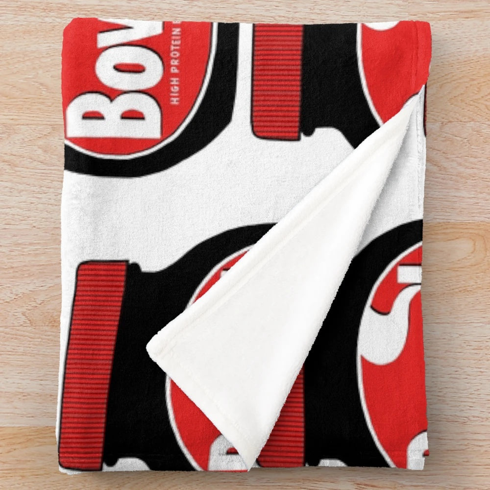 Cozy Bovril-themed plush blanket with vintage food illustration design