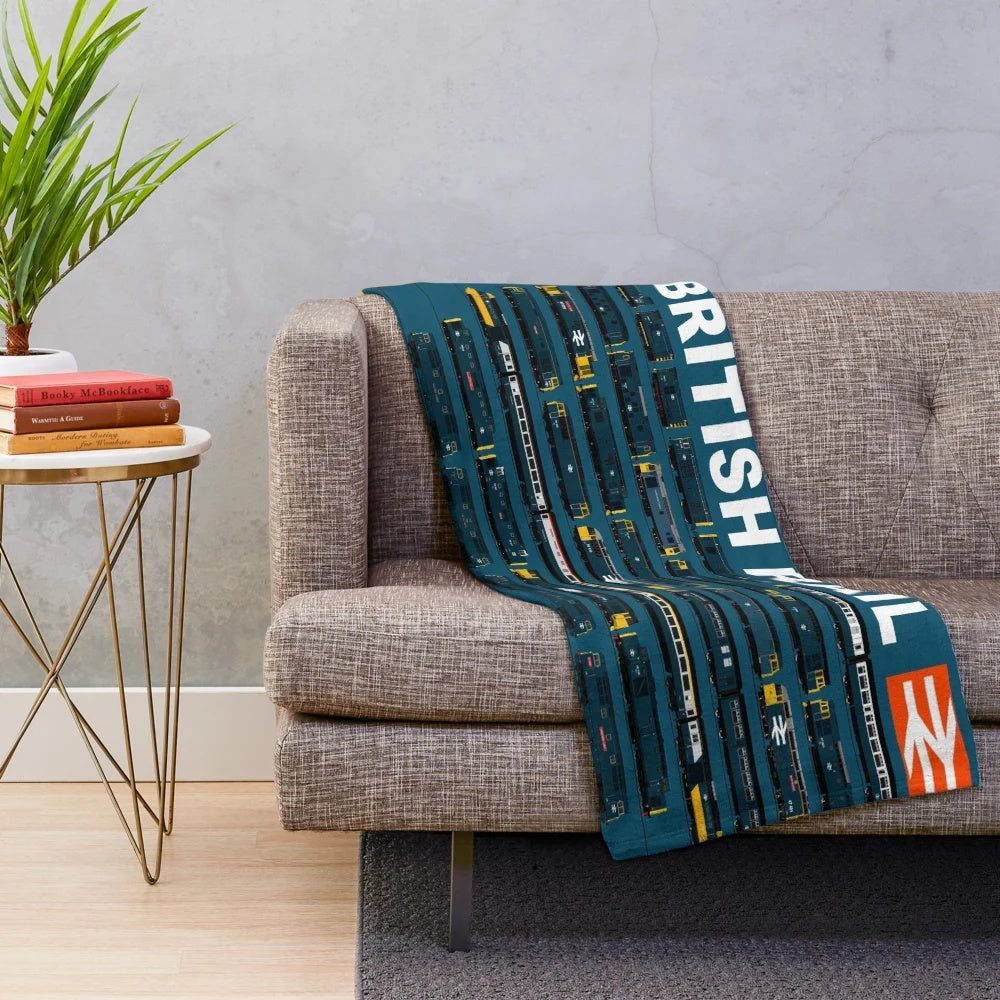 Cozy plush blanket featuring vintage British Rail train designs