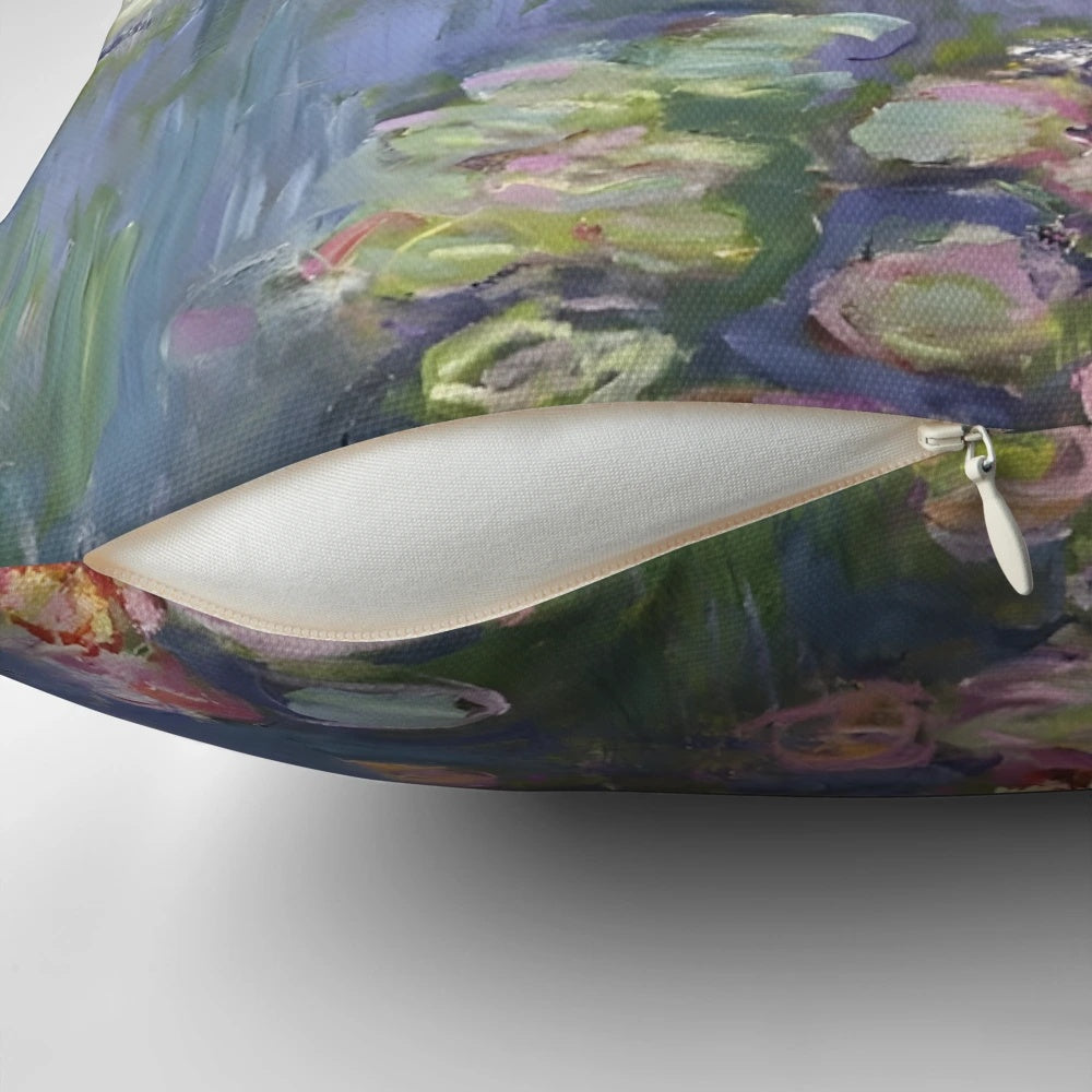A beautiful throw pillow featuring a vintage-inspired cat Monet water lily design, perfect for adding a touch of nature-inspired style to your home.