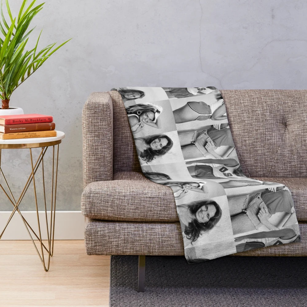Vintage-style collage portrait of iconic actress Catherine Bach on a cozy plush blanket