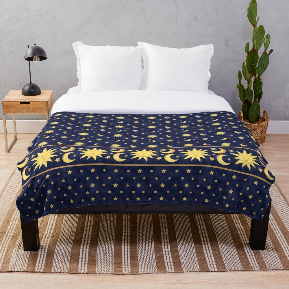 Vintage-inspired celestial plush blanket with moon, stars, and 90s-style pattern