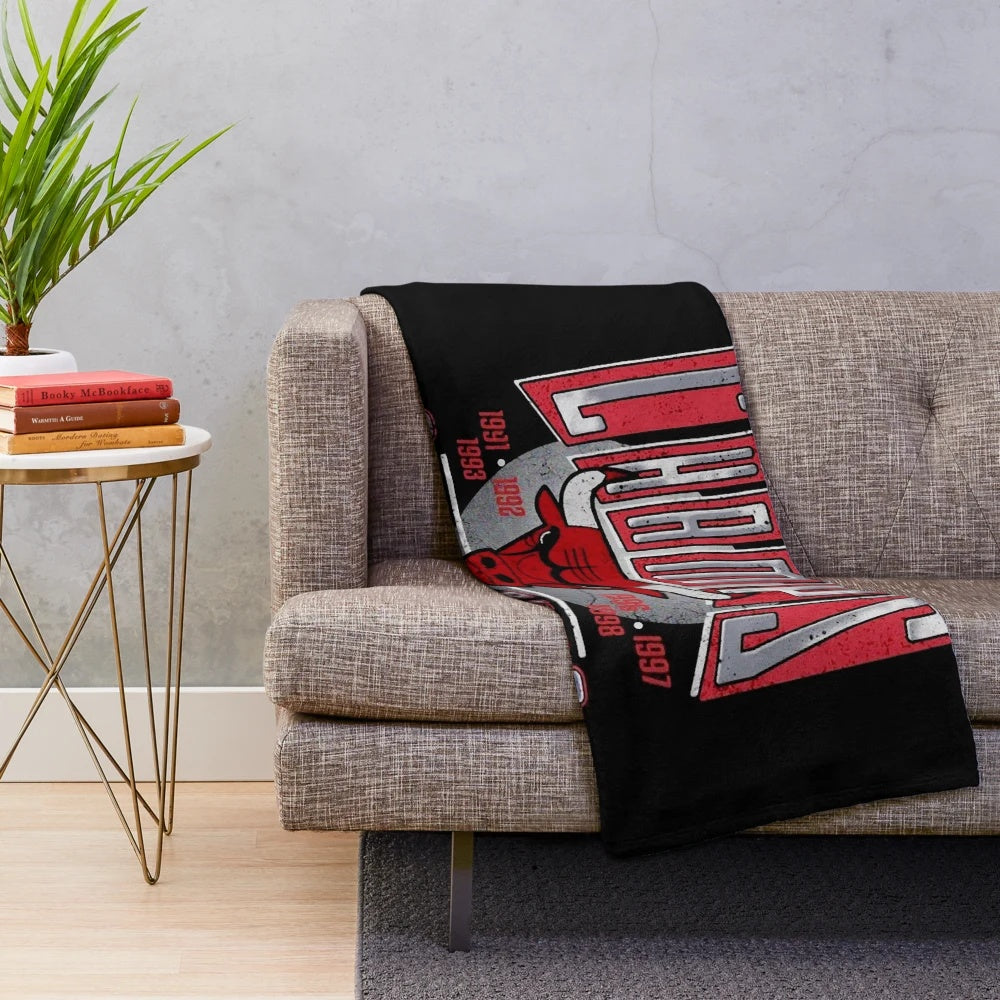 Vintage inspired Chicago basketball plush blanket with players and championship imagery
