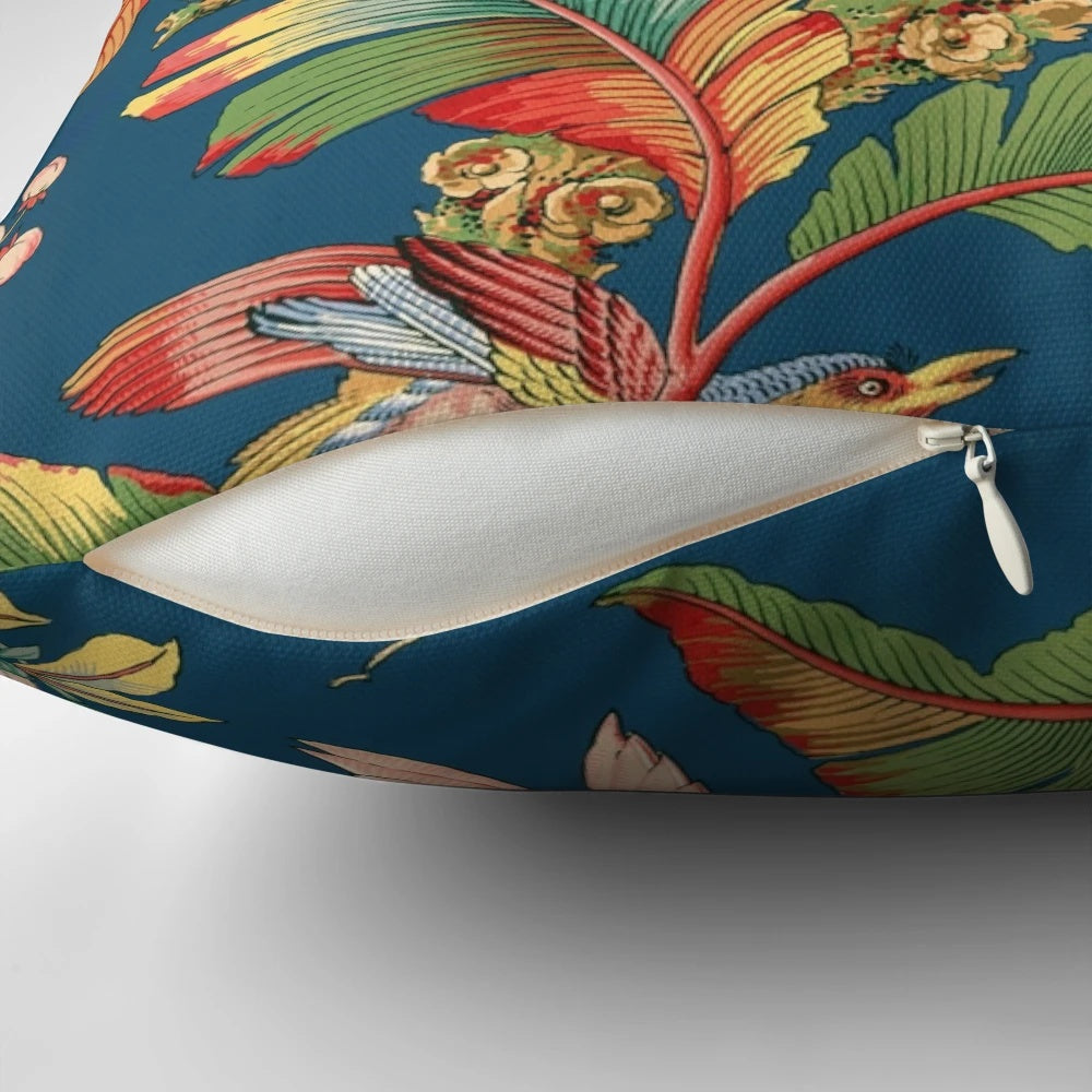 Antique French-style chinoiserie pillow with blue and white bird motifs