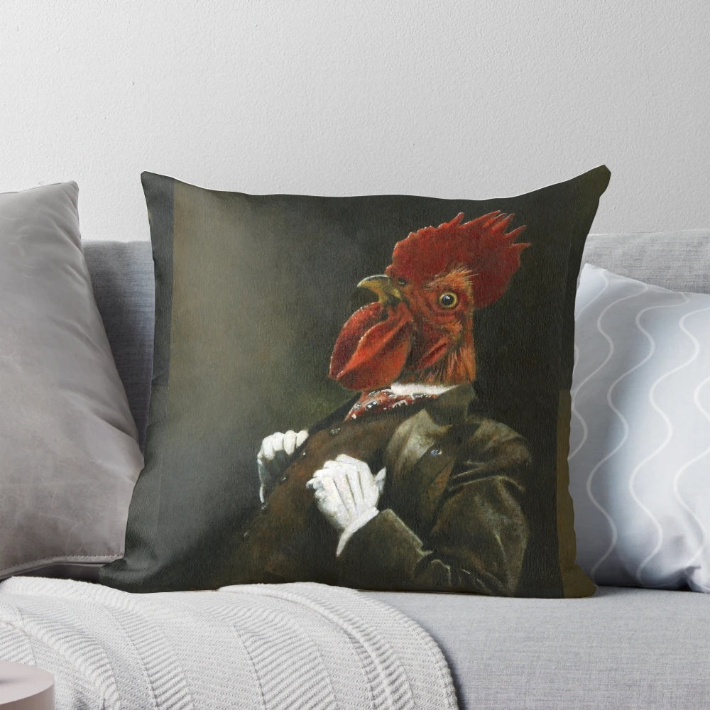 Beautifully detailed vintage-style portrait of a proud cockerel or rooster on a decorative pillow