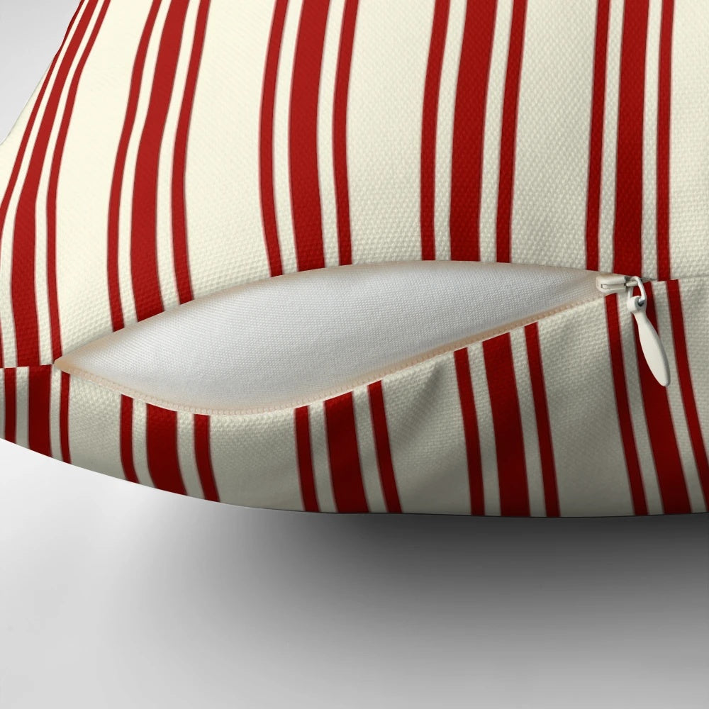 Dark red and cream ticking stripe patterned throw pillow