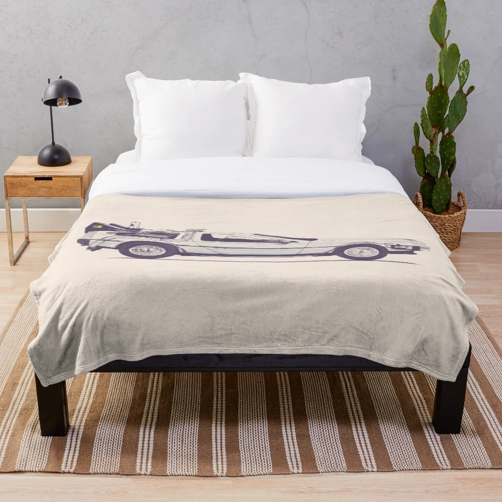 Delorean plush blanket with a vintage movie car design