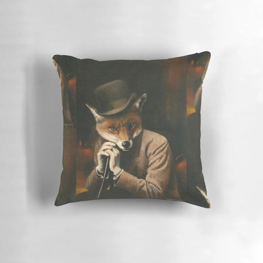 Vintage-style illustration of an anthropomorphic red fox wearing an Edwardian gentleman's bowler hat and bowtie.