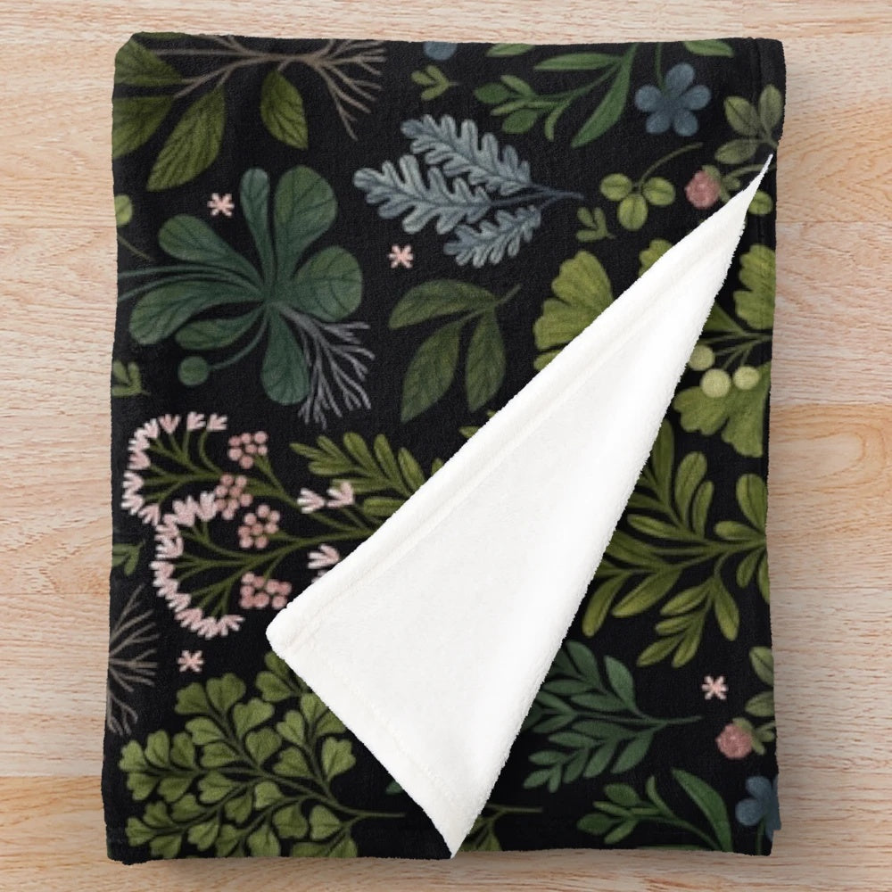 Plush floral blanket with vintage botanical illustrations