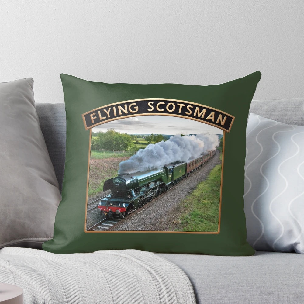 Vintage-style pillow with an illustration of the iconic Flying Scotsman steam locomotive and its nameplate.