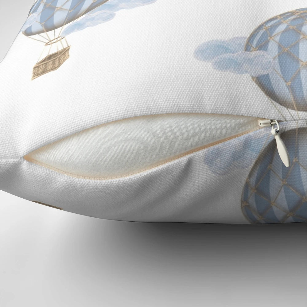 Vintage-style blue and white hot air balloon decorative throw pillow for a child's bedroom or nursery