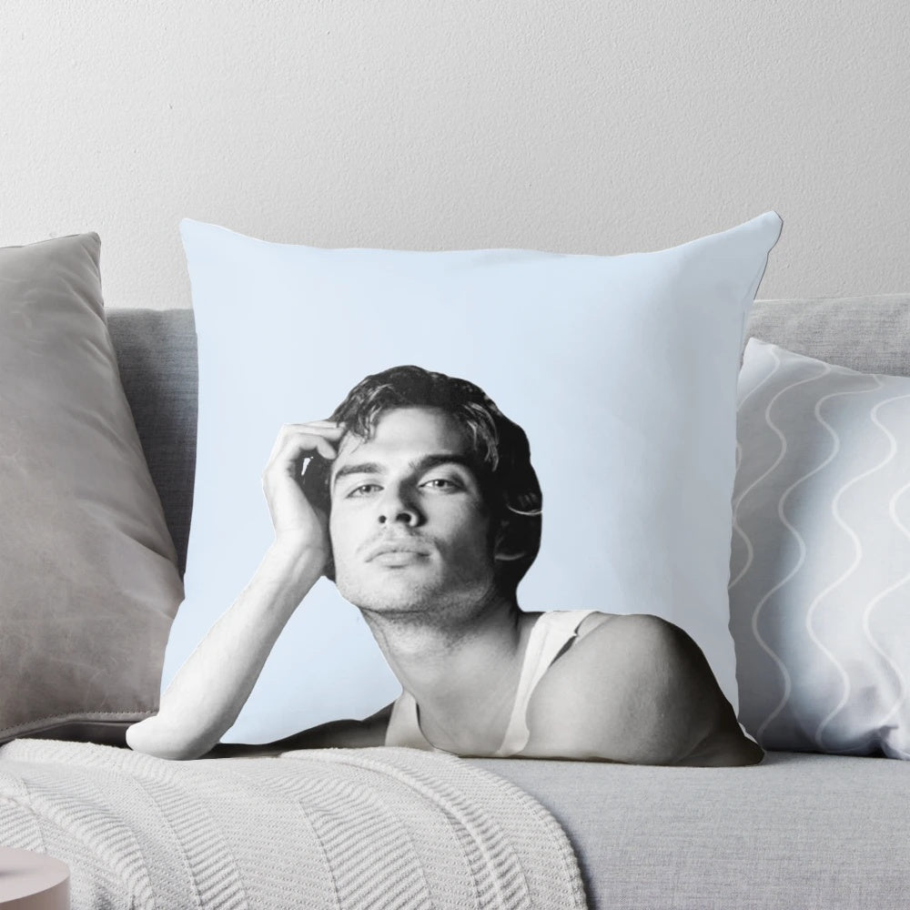 Vintage-inspired pillow featuring a portrait of actor Ian Somerhalder as Damon Salvatore from The Vampire Diaries