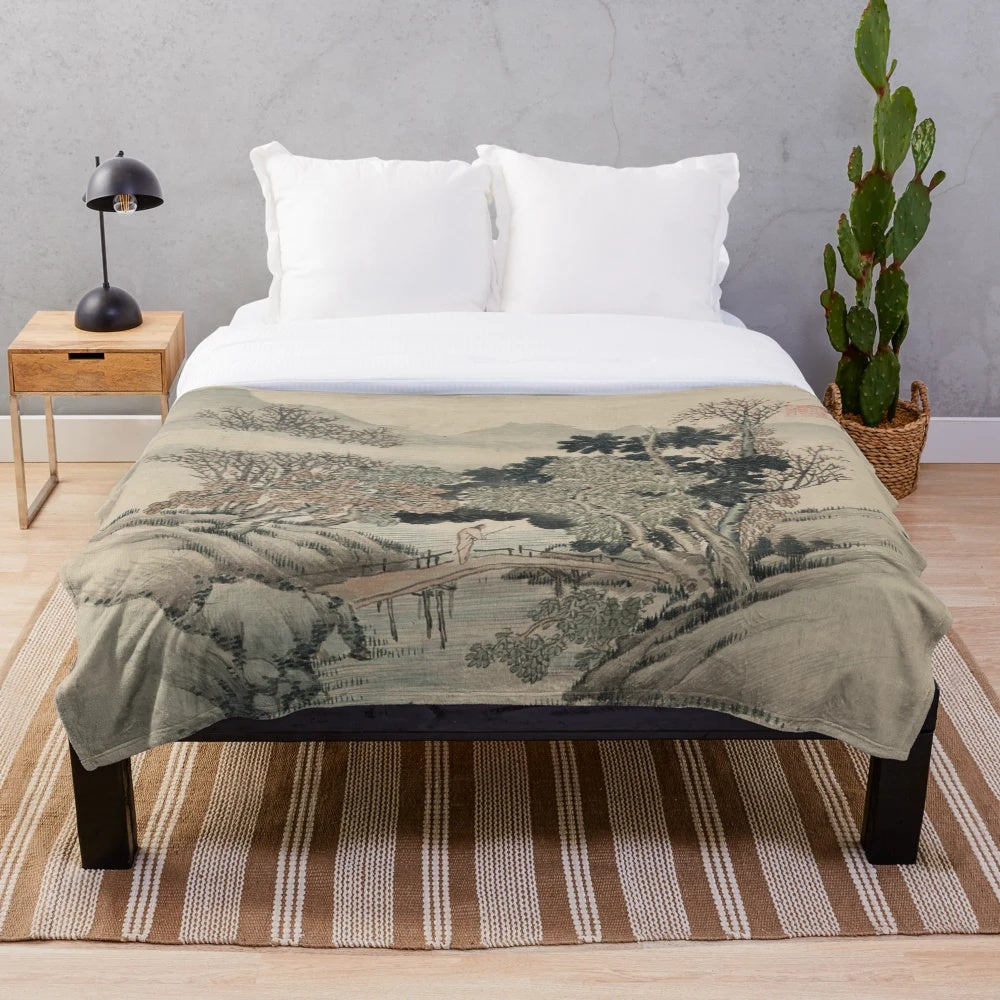 Vintage Japanese landscape painting design on a plush blanket