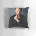 Vintage-inspired decorative throw pillow featuring a portrait of action movie star Jason Statham