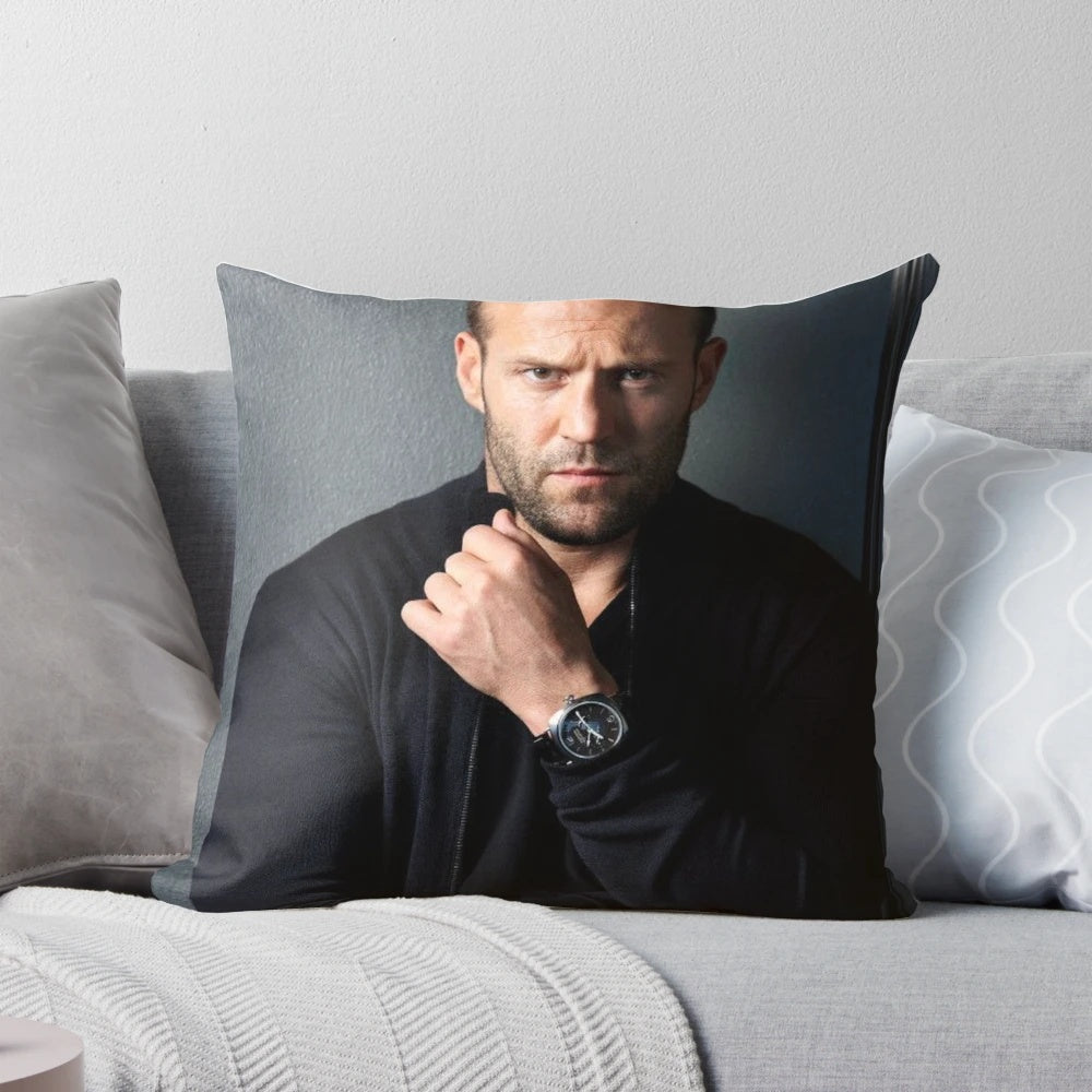 Vintage-inspired decorative throw pillow featuring a portrait of action movie star Jason Statham